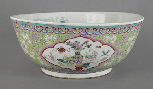 Chinese export porcelain Famille Rose punch bowl, 19th century, 15 1/2 inches diameter. Image courtesy Pook & Pook Inc.   